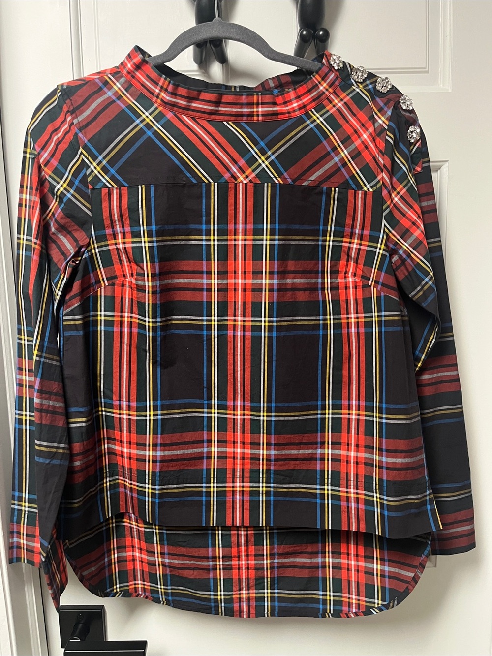 J. Crew Red Plaid Long-Sleeve Button-Shoulder Blouse